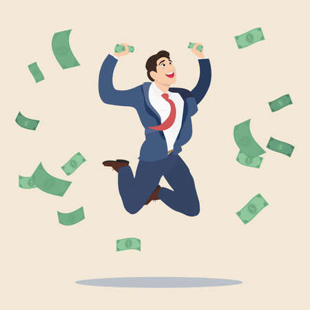 Happy manager or business man getting a lot of money and jumping for joy. Vector, flat, illustrationのイラスト素材