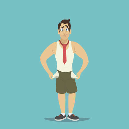 Bankrupt businessman showing empty pockets. Manager in shorts, shirt and tie.のイラスト素材