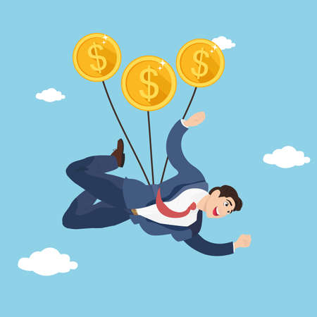 Businessman flying with coins parachute. Businessman gliding in the sky with money.のイラスト素材
