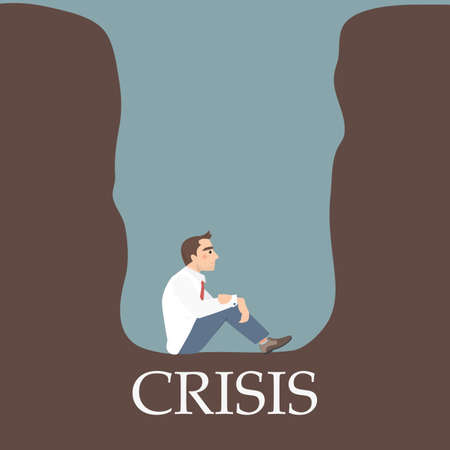 Businessman being trapped in a crisis hole. Frustrated bankrupt cartoon businessman in debt pit.のイラスト素材