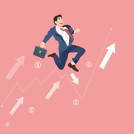 Running up to success business concept. Businessman in suit running up with arrows.のイラスト素材