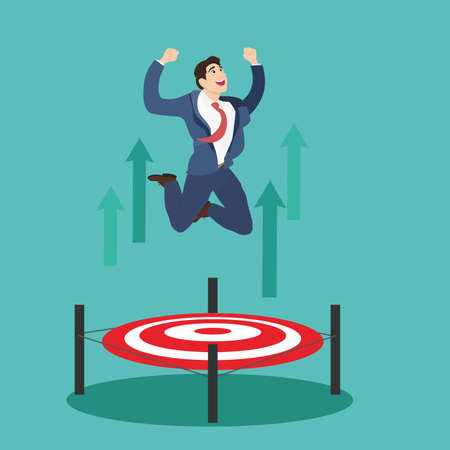 Businessman jumping up target trampoline. Business man jumping with target on the floor successful concept.のイラスト素材