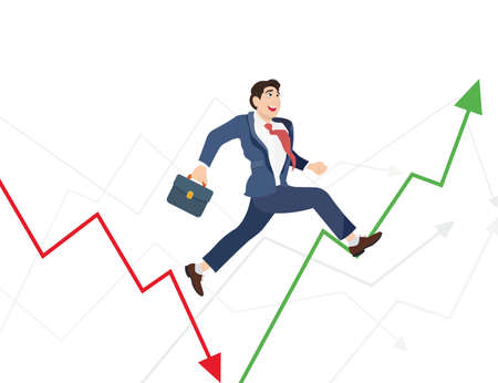 Business man run in world ups and downs. Illustration of a manager jumping over arrow symbol.のイラスト素材