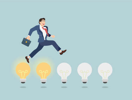 Businessman jump on light bulbs. Business conceptのイラスト素材