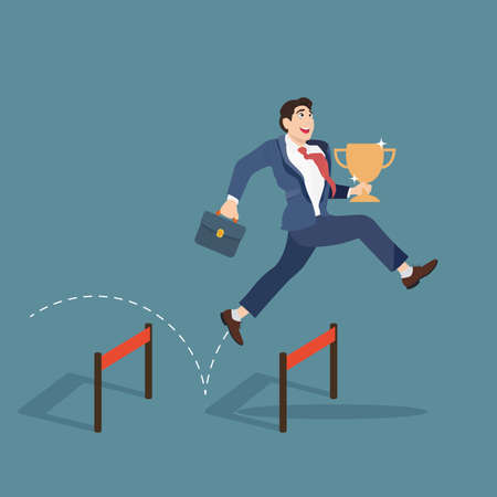 Businessman jumping over obstacle and holding trophy. Business concept vectorのイラスト素材