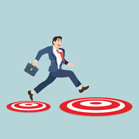 Businessman with suitcase jumping from small to big target. Business concept vectorのイラスト素材
