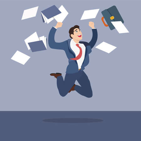 Businessman with a happy face jumping on paper documents. Vector illustration.のイラスト素材