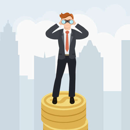 Businessman with binoculars standing on the pyramid money. Business vision concept and people business man standing on money.のイラスト素材