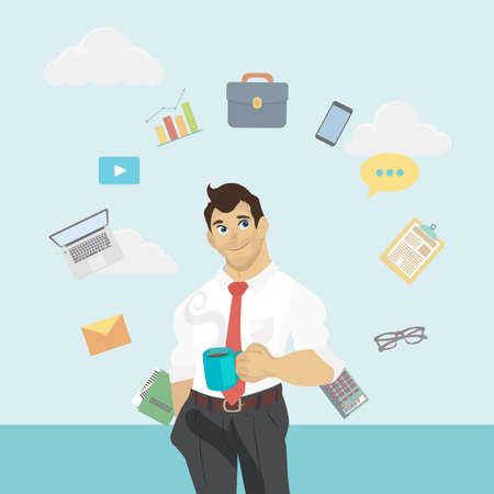 Vector business man characters with cup of coffee or tea. Image man with mobile phone with business icons on blue background.のイラスト素材