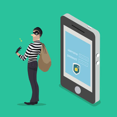 Thief with a key access from a smartphone. The robber steals all the data from your phoneのイラスト素材