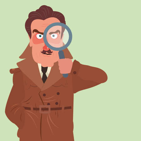 Illustration of a detective holding a magnifying glass. Confident detective in brown coat searching. Search, inspect, investigate. Detective, inspector, police officer. Flat style vector illustrationのイラスト素材