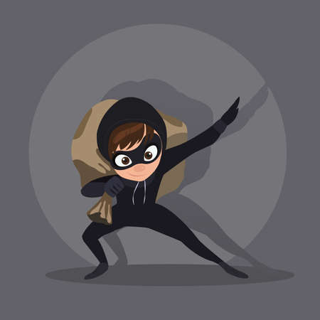 Thief with bag of money, in dark suit, stole, robber runs, on white background, in black mask, criminal in flat style.のイラスト素材