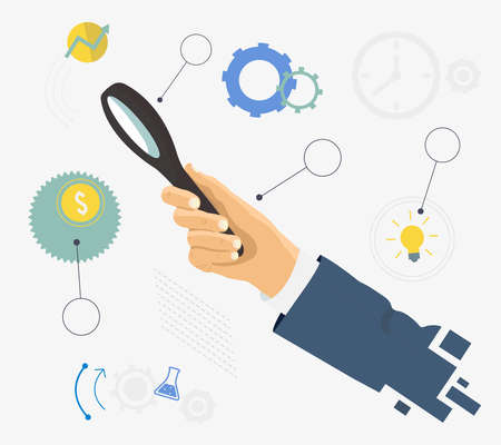 Human hand holding magnifying glass. Analysis, exploration, and business items. Flat design graph-ic elements.のイラスト素材
