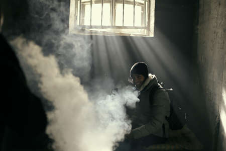 Kyiv, Ukraine - January 2, 2017: Preparation zombie models to the halloween party in forgotten cold basementのeditorial素材