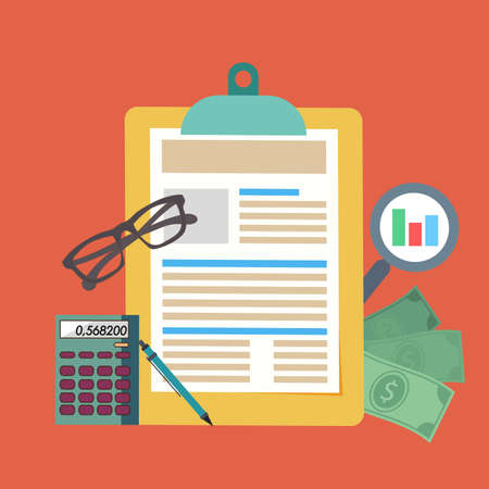 Vector set of working tools: notebook and pen, glasses with money, and magnifying glass. Business concept. Workplace isolate on red background.のイラスト素材