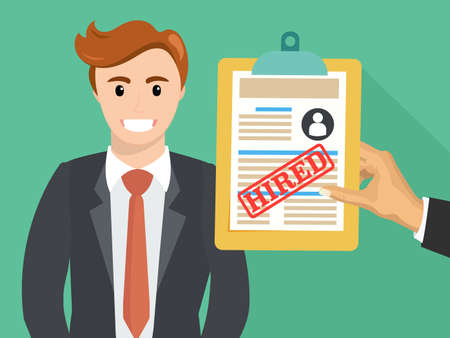 Boss hand hold accepted resume or hired paper document. Vector flat illustrationのイラスト素材