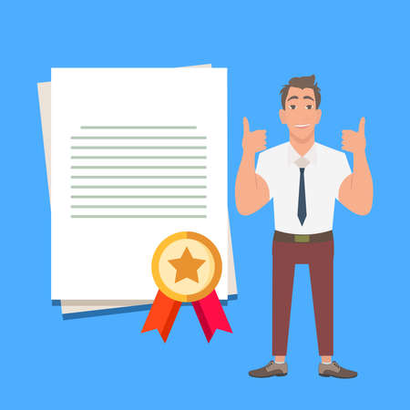 Businessman showing thumbs up for quality assurance. Large type certificate document with a guarantee.のイラスト素材