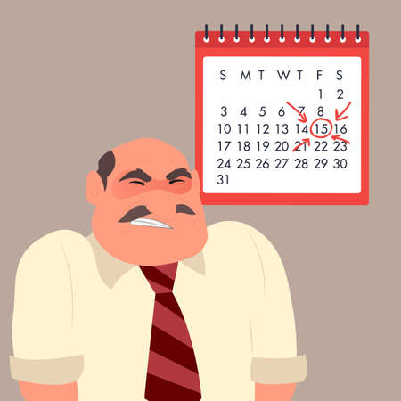 Angry businessman against the background of calendar. Pointing at a certain date. Go to work on time. Calendar with a mark important day.のイラスト素材