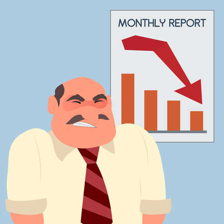 Angry furious businessman crisis arrow down graph, vector illustration cartoon. Schedule of falling sales.のイラスト素材