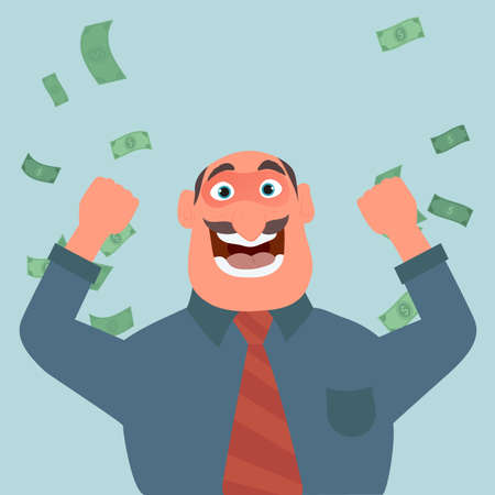 Money bills fall to the joyful businessman. Vector illustration of a flat designのイラスト素材