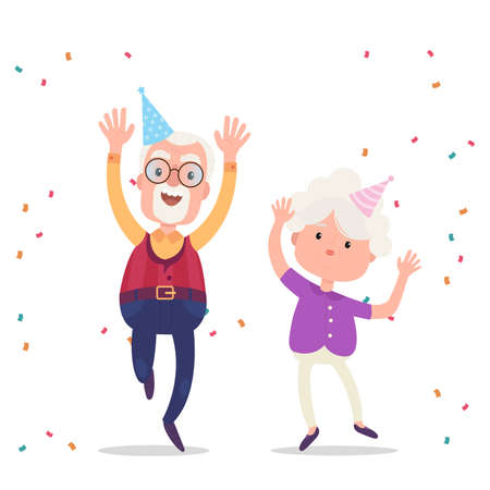 Happy grandparents celebrate the birthday party. Happy grandparents day poster. Vector illustration in cartoon style.のイラスト素材