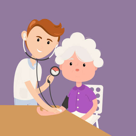 Grandmother measures pressure with doctor in clinic. Doctor measures the blood pressure patient. Vector illustrationのイラスト素材