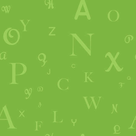 Vector seamless pattern with letters of the alphabet in random order on a green background.のイラスト素材