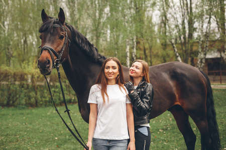 Beautiful girl communicates with the horse in the park. Preparing for the ridingの写真素材