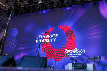 Kyiv, Ukraine - May 12h, 2017: The central fan zone of Eurovision 2017 in Kiev. Guests and residents of the capital are happy and celebratingのeditorial素材