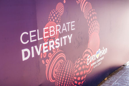 Kyiv, Ukraine - May 12h, 2017: The central fan zone of Eurovision 2017 in Kiev. Guests and residents...