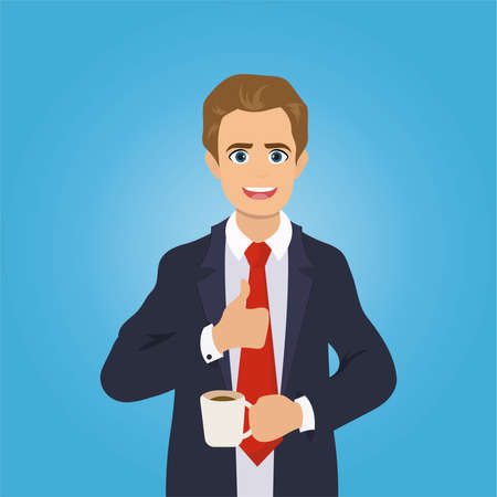 Businessman gives the thumbs up, drinking coffee, break time. Office worker standing and smiling.のイラスト素材