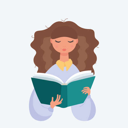 Portrait of brunette woman reading book. Beautiful woman. Vector illustration of student learning.のイラスト素材