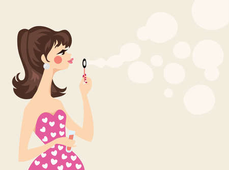 Beautiful woman in pink dress blowing soap bubbles. Vector illustrationのイラスト素材