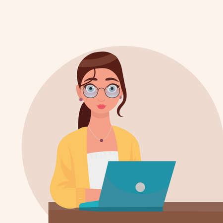 Business woman at the desk is working on the laptop computer. Vector illustration in flat styleのイラスト素材