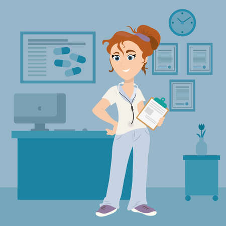 Female doctor with clipboard in medical room. Vector illustration of cheerful nurse.のイラスト素材