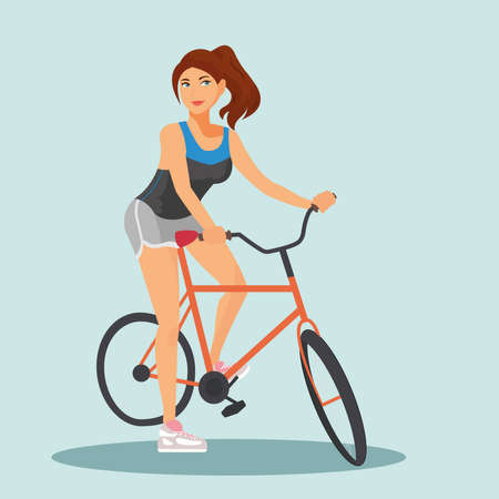 Adult young woman riding bicycles. Stylish sport female on bicycle. Cool vector character design.のイラスト素材