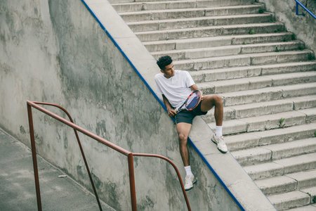 An athlete with a tennis racket sits on a concrete railing of steps. A young black guy rests after a professional competition.の写真素材