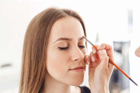 The master paints a new shape of the eyebrow to a client with a brush. Woman getting her eyebrows shaped at spaの写真素材
