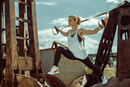 Beautiful athletic woman doing exercise with trx system. Young woman exercising with suspension...