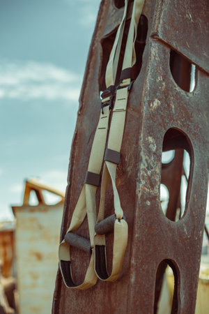 Trx fitness straps for working with own weight against the backdrop of a seaport and metal details.
