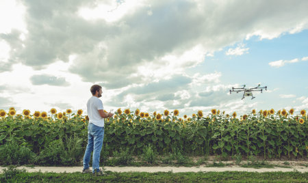 Young man watching and navigating a flying drone in blue clear sky over sunflower field.