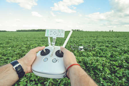 Man hands handling drone in summer green field landscape panorama. Drone is on the ground, preparing to take off.の写真素材