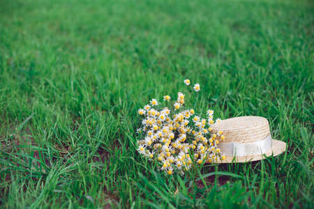 Straw hat and romantic wild-flower bunch bouquet on green grass lawn. Countryside lifestyle or summer relaxation concept.の写真素材