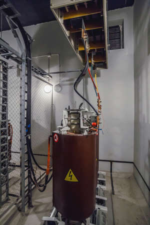 High voltage power transformer substation. Electric power substation. Electricity substation, Power line and power station, with equipment, cable.の写真素材