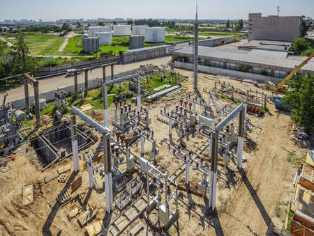 Top view of high-voltage substation with switches and disconnectors. Powe plant.の写真素材