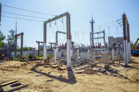 Electric power substation: electricity substation, power Line and power station. Equipment and cable.の写真素材