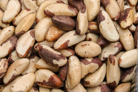 Tasty brazilian nut background. Horizontal image. Background of nuts texture.