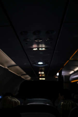 Signs in the airplane at the nightの写真素材