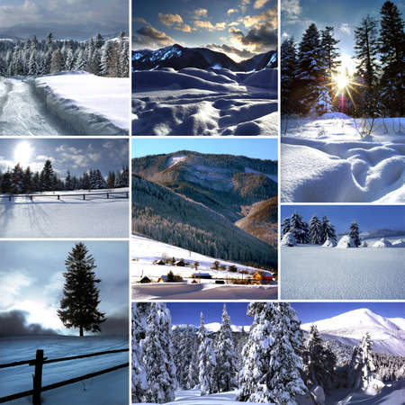 winter mountain landscapes, snow-capped mountains, woods, a collage of photosの写真素材