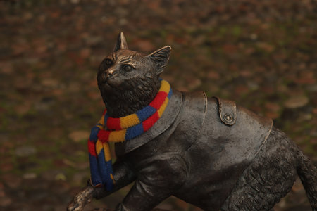 Bronze cat statue wearing a colorful scarf on a wet cobblestone street after rain, close-up with soft evening light, no people.の写真素材